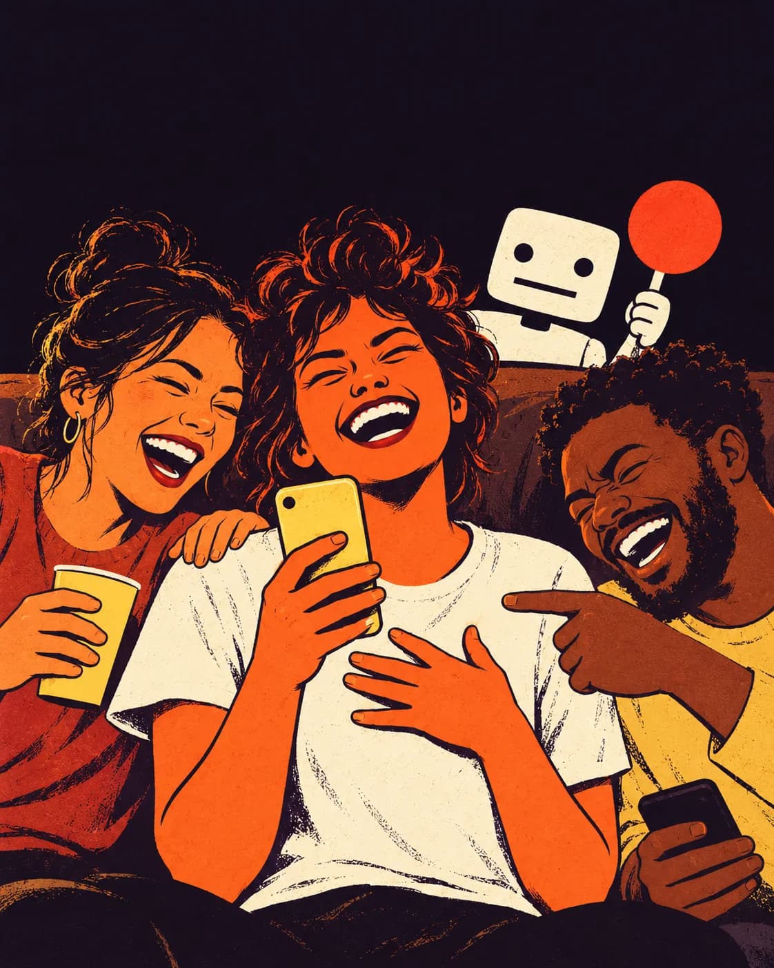 Three friends on a sofa laughing at a phone. Behind them a small paper robot judge holds up a paddle with a straight face.